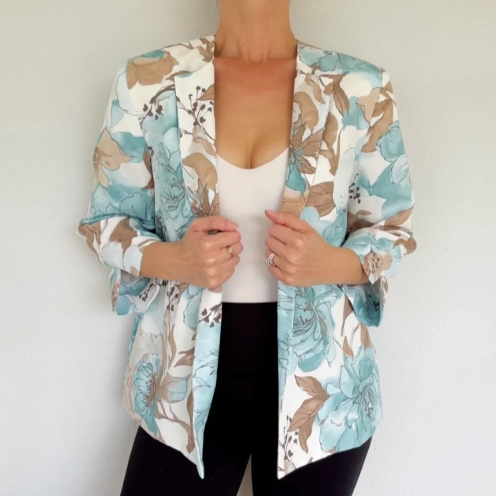 Vintage Alfred Dunner blue tan floral print drape style blazer jacket size 8